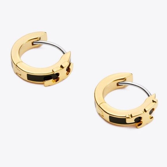 New Tory Burch Gold Logo Black Small Huggie Hoop Earings - Picture 3 of 3